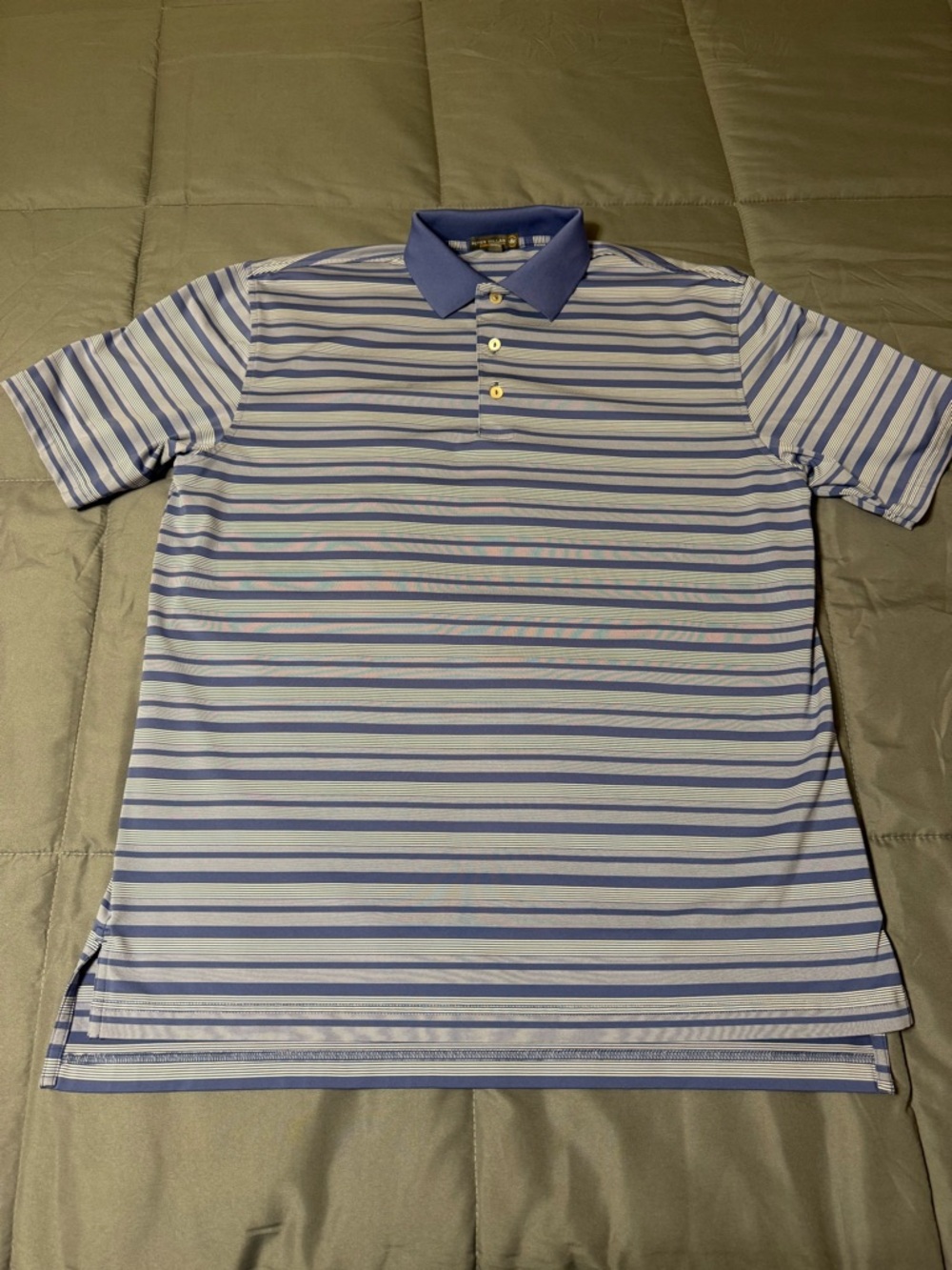 Peter Millar Blue and White Striped Polo with Solid Blue Collar